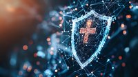 Digital shield with medical cross symbol on futuristic network background representing healthcare protection and medical data security.