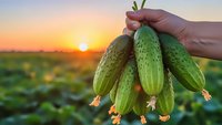 Hand holding fresh green cucumbers at sunset over agricultural field with warm golden light and farming landscape in background.
