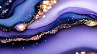 Luxurious purple and gold abstract fluid art with glitter effect. Flowing waves of deep violet and navy blend with shimmering golden sparkles in elegant pattern.