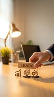 Businessman hand placing wooden block with leads text and marketing icons on office desk for sales strategy and customer acquisition concepts.