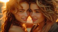 Beautiful young women with curly hair sharing intimate moment at golden sunset, perfect for beauty, lifestyle and friendship concepts in advertising and design.