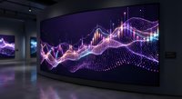 Futuristic digital wave visualization with neon purple and pink lights displayed on large screen in modern dark interior space for technology presentations.