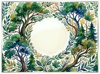 Watercolor forest wreath frame with green trees and foliage creating circular border on white background for nature designs and botanical decorations.
