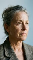 Senior woman with gray hair and fair complexion wearing a gray blazer, shown in profile against a neutral blue-gray background. Suitable for business, corporate, professional portraits, aging, diversity, and lifestyle editorial use.