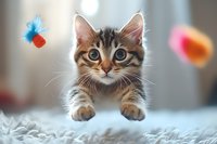 Playful tabby kitten with bright blue eyes lying on soft white blanket while colorful toy butterflies float in blurred background creating magical atmosphere.
