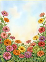Watercolor zinnia garden border with colorful blooms in pink, orange, yellow and purple on soft sky background with copy space.