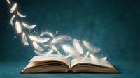 Open book with glowing magical feathers floating above pages creating mystical atmosphere for education and fantasy storytelling concepts.