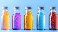 Colorful glass bottles with refreshing drinks in row showing condensation droplets on surface against blue background. Vibrant summer beverages concept.