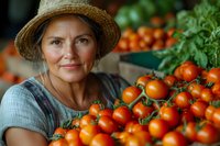 Mature Caucasian woman in straw hat smiling at farmers market with fresh organic tomatoes on display, representing healthy local produce and sustainable agriculture.