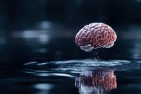 Human brain floating above rippling water surface with reflection, dramatic lighting and dark background creates surreal medical concept for mental health and consciousness.