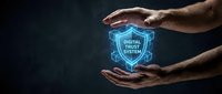 Male hands protecting glowing blue digital trust system hologram shield on dark background for cybersecurity and data protection concepts.