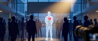 Glowing white human figure with red heart stands out among dark silhouettes in modern corporate lobby, symbolizing leadership, compassion and human connection.