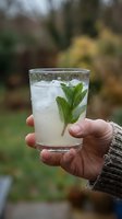 Hand holding a clear glass of refreshing mojito cocktail with ice cubes and fresh mint leaves outdoors in garden setting, perfect for beverage, summer drink, and lifestyle content.