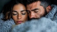 Intimate portrait of couple sleeping peacefully under soft gray blanket, eyes closed in tender embrace. Natural morning light creates cozy atmosphere for lifestyle and wellness content.