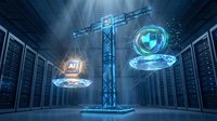 Futuristic data center with holographic AI brain and shield symbols on glowing platforms, representing artificial intelligence security and cyber protection technology.