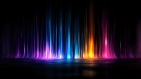 Vibrant multicolored light beams rising from reflective surface against dark background create dynamic aurora-like effect with blue, purple, orange and pink glowing streaks.