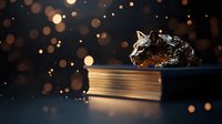 Magical crystal wolf figurine resting on vintage book against dark background with glowing golden bokeh lights, creating mystical atmosphere for fantasy designs.
