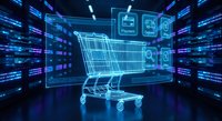 Digital shopping cart hologram with glowing interface icons in futuristic cyber space environment for e-commerce technology and online retail concepts.