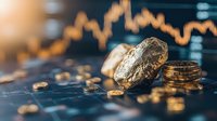 Gold nugget and coins on financial chart background with rising market trend line, cryptocurrency and commodity trading concept for wealth investment.
