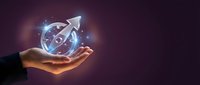 Hand holding glowing globe with upward arrow symbolizing growth, success, and business expansion. Ideal for corporate presentations and financial concepts.