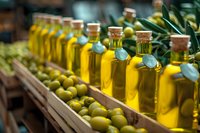 Fresh olive oil bottles in rustic wooden crates with raw green olives, perfect for Mediterranean cuisine, healthy cooking, or gourmet food marketing background.