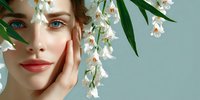 Young woman with natural makeup and red lips partially covered by white lily of the valley flowers against teal background.