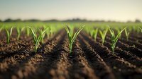 Young corn seedlings emerging from rich soil in neat rows during spring planting season, with soft natural lighting and shallow depth of field creating agricultural atmosphere.