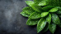 Fresh green succulent plant leaves with water drops on dark textured background, top view. Natural wellness and spa concept for social media and blogs.