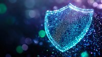 Digital shield glowing with blue particles against dark background, representing cybersecurity and data protection in modern technology networks.