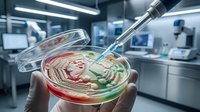 Laboratory technician conducting cell culture research with pipette and petri dish containing colorful bacterial colonies in modern scientific facility.