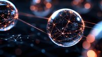 Glowing spheres with interconnected light networks floating in dark space, creating futuristic visualization of quantum entanglement and neural connections.