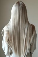 Back view of long platinum blonde straight hair on woman wearing white robe against neutral background, showing smooth texture and length reaching lower back.