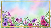Watercolor petunia flowers border with golden frame on pastel rainbow background, copy space for text, greeting card or invitation design.