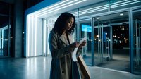 Young woman with curly dark hair, wearing olive green jacket, using smartphone in modern glass building lobby at night with neon lighting and city views visible through windows.