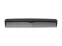 Black plastic hair comb with fine teeth isolated on white background. Suitable for hair care, grooming, salon, and beauty product design use.
