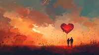 Young couple holding heart shaped balloon against dramatic sunset sky with flying birds and wild grass silhouettes, romantic atmosphere for Valentine's day designs.