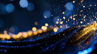 Abstract golden and blue particle wave with bokeh lights creating magical flowing energy pattern on dark background for digital art and design projects.