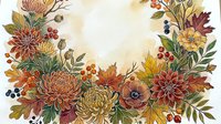 Autumn floral wreath with chrysanthemums, berries, and fall leaves in warm watercolor tones, forming a frame with copy space in the center.