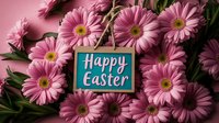 Pink gerbera daisies frame turquoise greeting card with Happy Easter text against pink background, spring holiday floral arrangement composition.