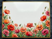 Watercolor poppy flowers border frame with empty center space for text on white background. Floral botanical illustration for greeting cards and invitations.
