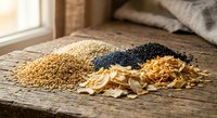 Assorted organic grains and cereals including quinoa, black beans, and oats arranged on rustic wooden table in natural kitchen setting for healthy cooking.