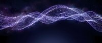 Abstract purple glowing wave of particles flowing across dark background, representing energy, data flow, technology, and digital transformation for modern design projects.