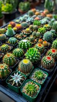 Collection of small potted cacti and succulents in plastic containers showing variety of shapes, spines, and colors. Miniature desert plants arranged in rows.