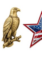 Golden eagle perched on branch with patriotic star symbol featuring red, white and blue stripes, isolated on white background for design projects.