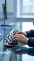 Professional businessman hands typing on computer keyboard at modern office desk with monitor and window background for business productivity.