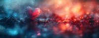 Magical abstract background with glowing red and blue bokeh lights creating dreamy atmosphere. Blurred sparkles and particles float in dark space. Panoramic format.