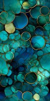 Abstract turquoise and blue circular shapes with golden outlines create an elegant pattern reminiscent of stained glass or underwater bubbles. Seamless design for luxury decor.