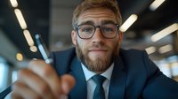 Confident businessman with beard and glasses in modern office setting smiles warmly at camera during meeting, conveying approachability and leadership.