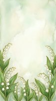 Watercolor lily of the valley border frame with soft green background, white bell flowers and lush leaves, copy space for text.