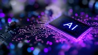 Artificial intelligence microchip on circuit board with purple neon lighting and electronic components for technology and computing applications.